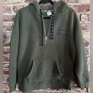 PINK Victoria’s Secret Sherpa Half Zip Hoodie Olive Green XS Oversized